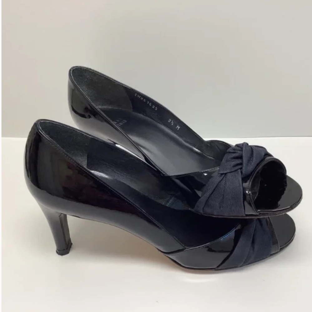Stuart Weitzman Black Patent Leather Peep Toe Pumps Heels Size 9.5 - Picture 3 of 6